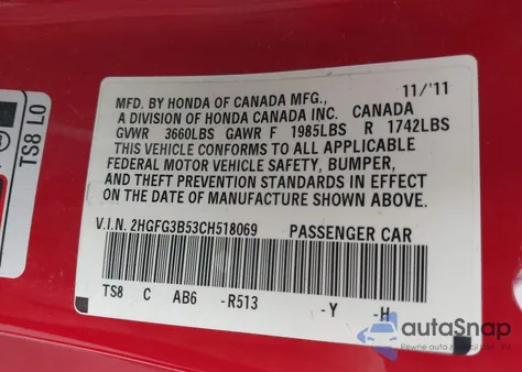 2012 Honda Civic Lx z USA, uszkodzony, nr VIN 2HGFG3B53CH518069